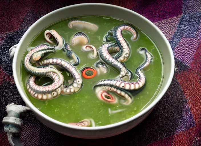 Image similar to dslr photograph of a bowl eldritch horror soup filled with tentacles and eyeballs, 8 5 mm f 1. 8