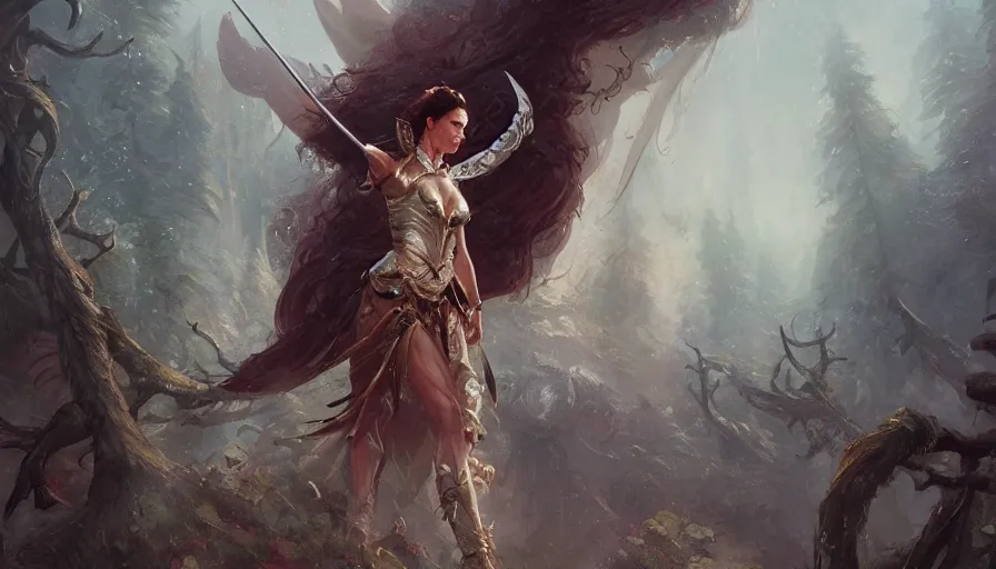 Image similar to A beautiful detailed painting of jennifer connelly as a female angel warrior reigns on a magical forest by greg rutkowski and marc simonetti , Trending on artstation HD.