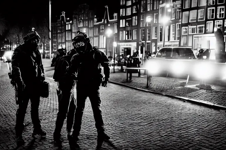 Prompt: photography of a cypherpunk being arrested in amsterdam at night