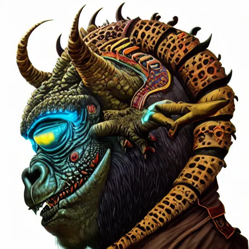 Prompt: side profile of barong family member, wiwek, mara demon, one single tribe member, jungle, one single mask, dark, ancient warrior, gorilla, lizard, tribal, inner glow, paint by peter mohrbacher and dan mumford and justin gerard