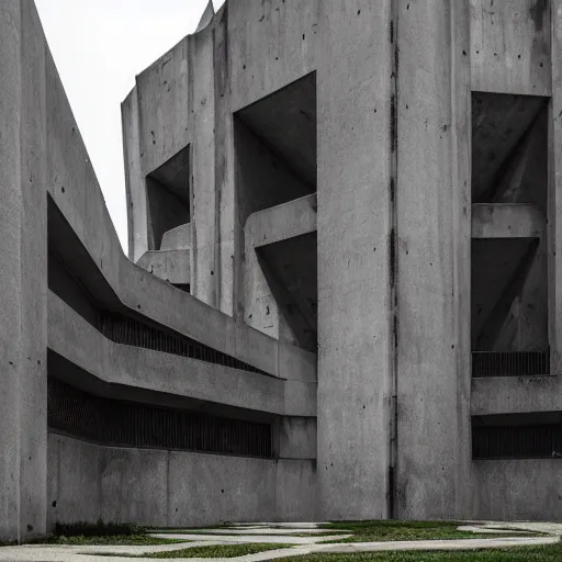 Image similar to a scifi church built in brutalist architecture, wild unique building geometry, combination of sharp and rounded elements, photography