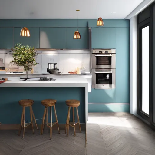 Image similar to interior of a kitchen, golbehi color scheme, photorealist, 4 k
