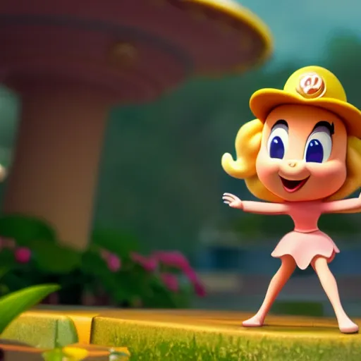 Prompt: A Still of Princess Peach in an animated Disney Pixar movie holding a gold coin in the mushroom kingdom, dynamic pose, promotional render, 35mm f1.8, bokeh, 4k, artstation, PBR materials, Pixar renderman render