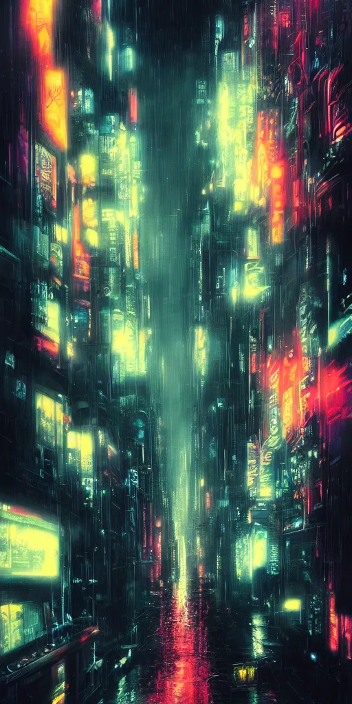 Prompt: hyper realistic city skyline,neon,rain,blade runner, looming surreal sky, 8k,cinematic lighting, detailed oil painting, by tristan eaton,Stanley Artgermm,Tom Bagshaw,Greg Rutkowski,Carne Griffiths,trending on DeviantArt,chillwave,minimalist,cybernetic, android, blade runner,full of colour