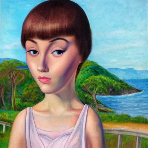 Image similar to a portrait of a character in a scenic environment by Margaret Keane