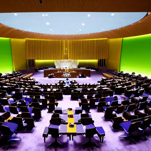 Prompt: united nations negotiating chamber, no people, 8 k photorealistic