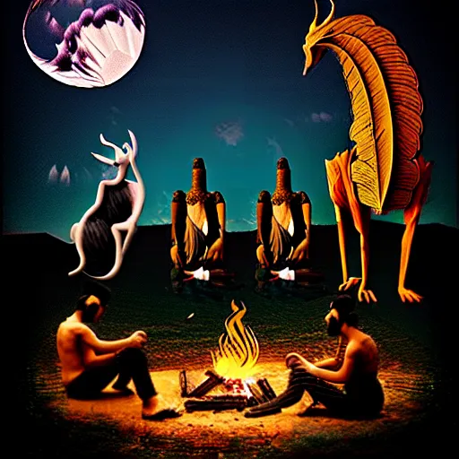 Image similar to strange mythical beasts of sitting around a fire under a full moon, surreal dark mixed media collage by ronny khalil