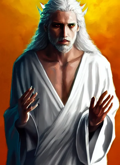 Image similar to « portrait of the white - haired jesus in a white robe and flaming yellow eyes, holding seven stars in right hand, grim - lighting, high - contrast, intricate, elegant, highly detailed, digital painting, artstation, concept art, smooth, sharp focus, illustration »