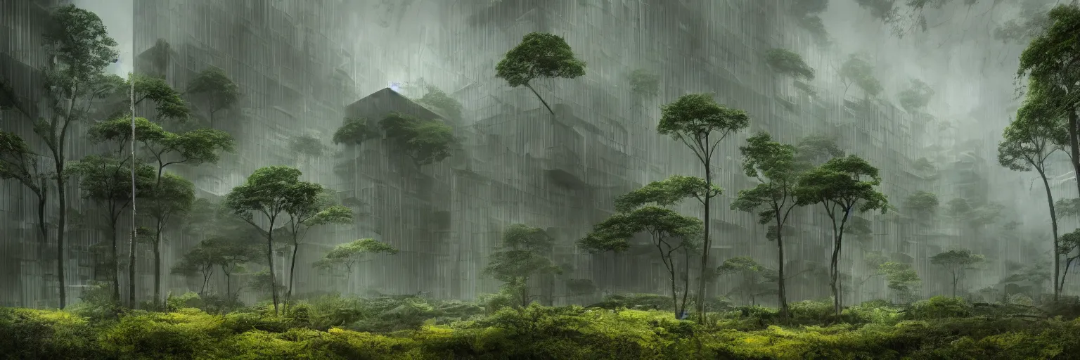 Image similar to brutalist architecture inspired by louis kahn deep in the rainforest. nature is taking over. matte painting. concept art. color scheme dark green and dark yellow. mist. cinematic.