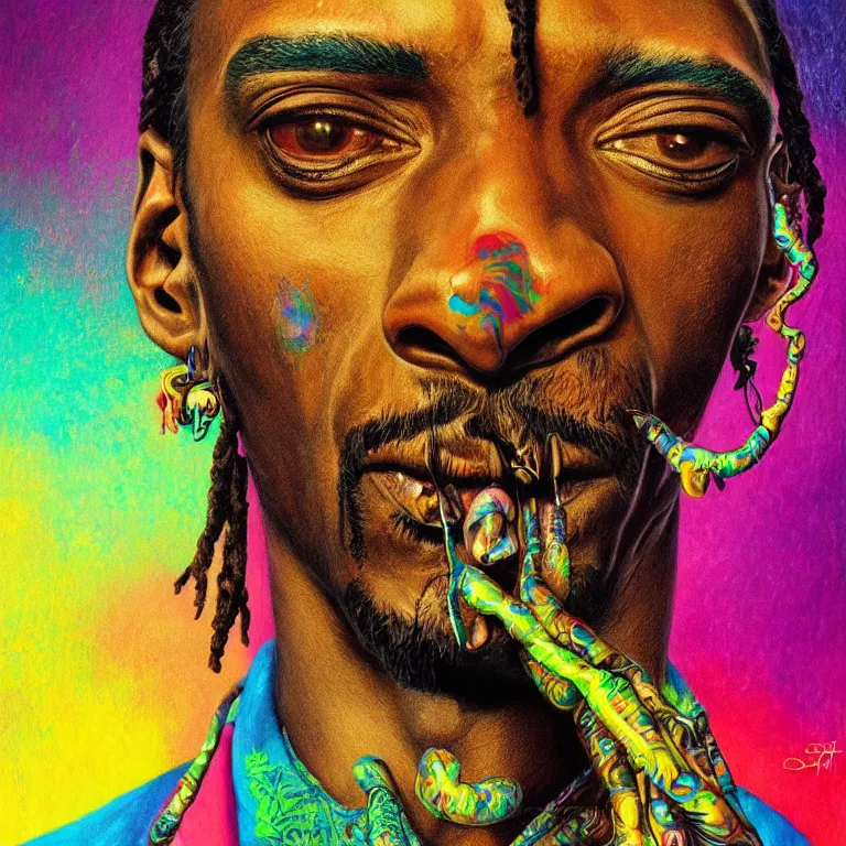 Image similar to An extremely psychedelic experience, colorful, surreal, dramatic lighting, snoop dogg, smoking, LSD, face, detailed, intricate, elegant, highly detailed, digital painting, artstation, concept art, smooth, sharp focus, hyper detailed golden ratio illustration, rich deep colors. masterpiec, Beksinski paintin, art by Sam Spratt, San Mumford, Artem Demura and Alphonse Mucha