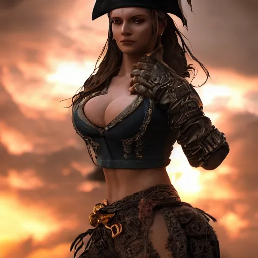 Prompt: full body pose, hyperrealistic photograph of a beautiful pirate woman, dim volumetric lighting, 8 k, octane beautifully detailed render, extremely hyper detailed, intricate, epic composition, cinematic lighting, masterpiece, trending on artstation, very very detailed, stunning, hdr, smooth, sharp focus, high resolution, award, winning photo, dslr, 5 0 mm