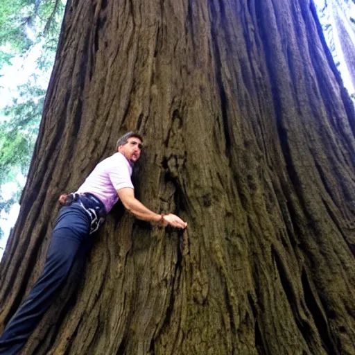 Image similar to steve carrell climbing a giant redwood tree with his claws