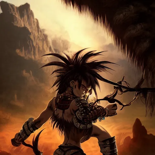Image similar to barbarian warrior woman with chimera cat tail, cat tail, furry tail, barbarian pelt, cavewoman, black hair, electrified hair, wild spiky black saiyan hair, surrounded by electrical aura, prowling around primeval jungle, palm trees, rocks, mountains, red sky, hyperdetailed, ultra high definition, realism, 4 k, frank frazetta