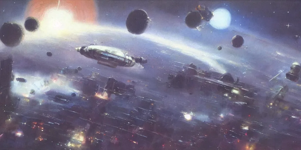 Prompt: a painting of low earth orbit space city under war by john harris.