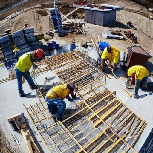 Image similar to Construction workers building the solar system. Extreme wide-angle shot