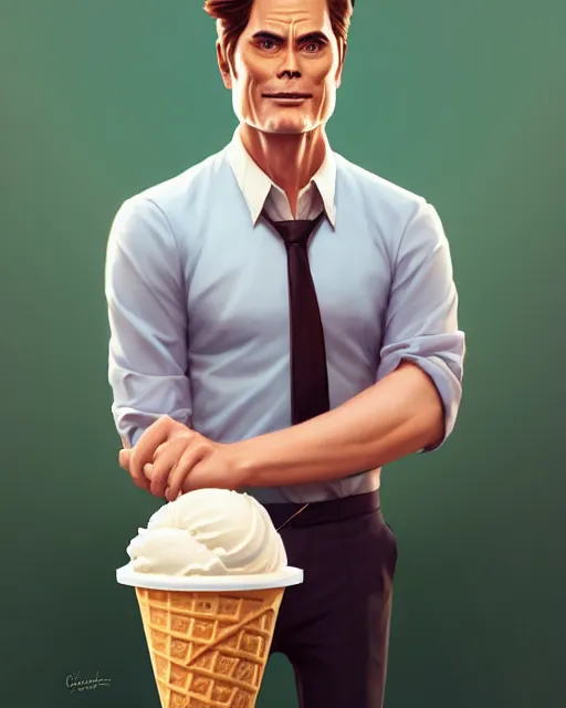 Image similar to full body anthropomorphic ice cream cone man resembling rob lowe!, fantasy, sci - fi, by charlie bowater, artgerm, ilya kuvshinov, krenz cushart, ruan jia, realism, ultra detailed, 8 k resolution