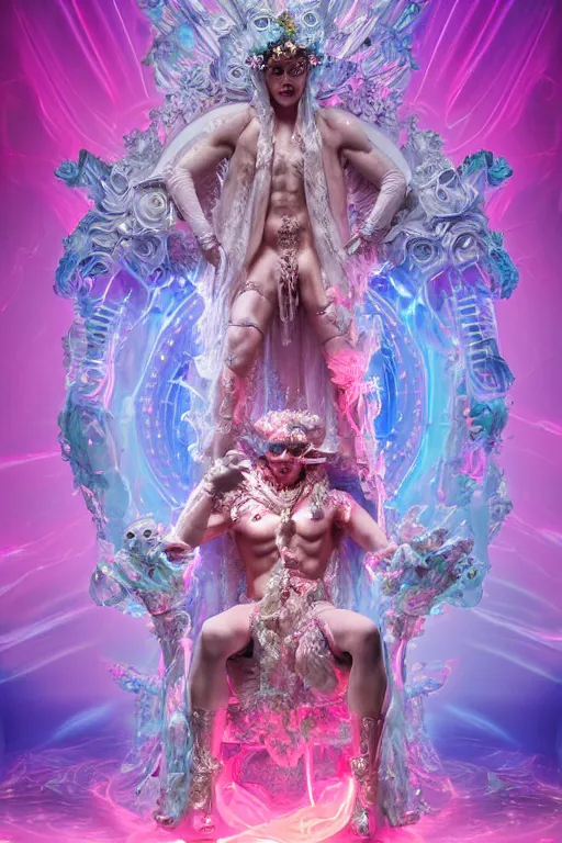 Image similar to full-body rococo and cyberpunk delicate neon crystalline sculpture of ((young muscular blue albino Colombian prince)) as an iridescent humanoid deity wearing ((peach plastic hooded cloak)) (holding a human skull) in a white castle dungeon, reclining, glowing pink face, crown of (pink lasers), large blue diamonds, swirling black silk fabric. futuristic elements. oozing glowing liquid, full-length view. space robots. intricate artwork by caravaggio. Trending on artstation, octane render, cinematic lighting from the right, hyper realism, octane render, 8k, depth of field, 3D