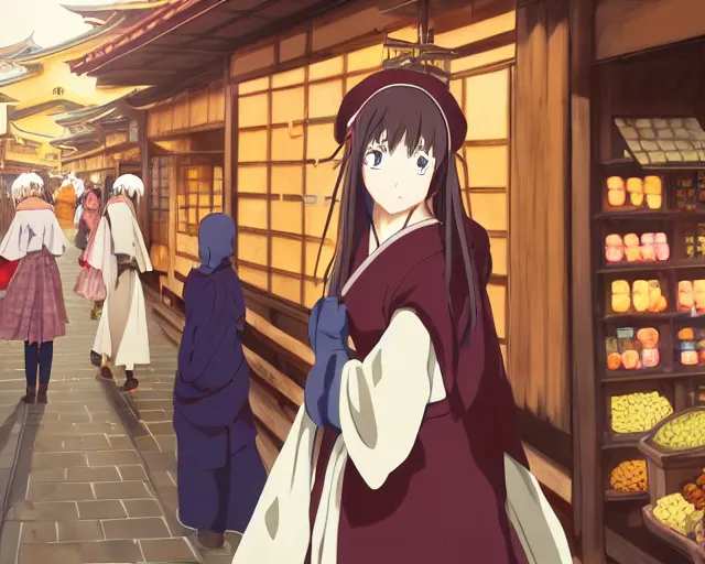 Image similar to anime visual, portrait of a young female traveler in an open medieval market shopping, cute face by katsura masakazu, yoh yoshinari, cinematic luts, cold studio lighting, dynamic pose, dynamic perspective, strong silhouette, anime cels, kyoto animation, cel shaded, rounded eyes