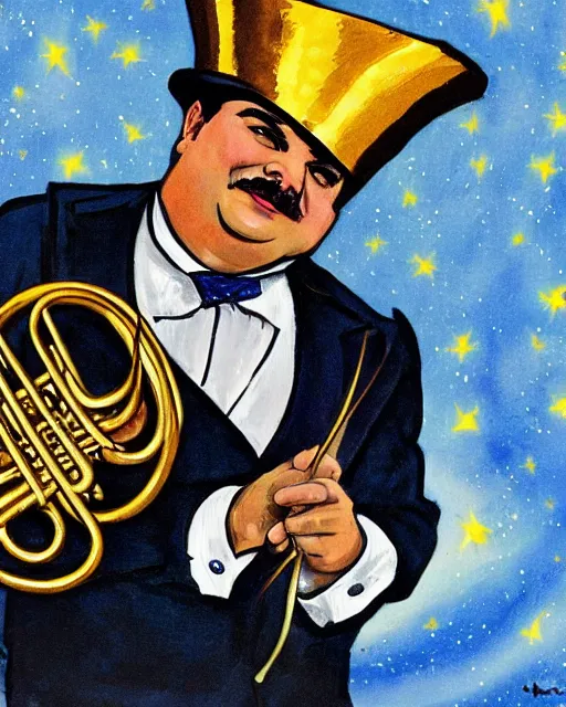 Prompt: ian karmel playing a french horn, wearing a top hat, with a space background in the style of gifford beal