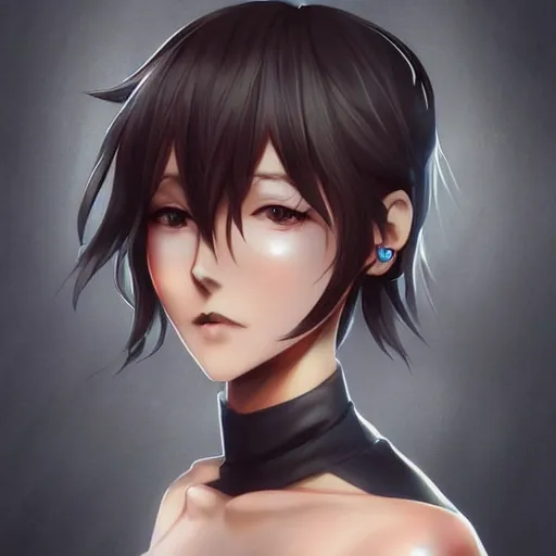 Prompt: beautiful anime girl art by yan gisuka, JeonSeok Lee, artgerm, Ross draws, zeronis, Chengwei Pan on artstation #short hair #black hair #black top #earrings #makeup #age 26 #lipstick #mysterious