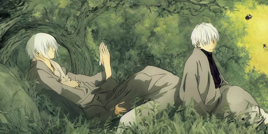 Image similar to ginko showing a new mushi, mushishi by studio ghibli, mutsumi akasaki, wallpaper splash art promo art