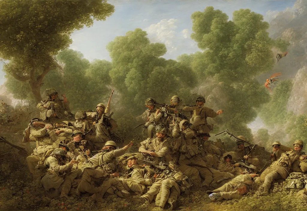 Prompt: afghanistan war by jean honore fragonard, green jungle, helicopters, battlefield, tanks