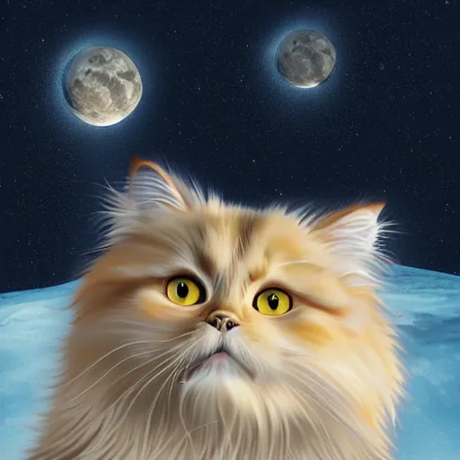 Image similar to Detailed shiny Siberian cat sitting on the moon, digital art