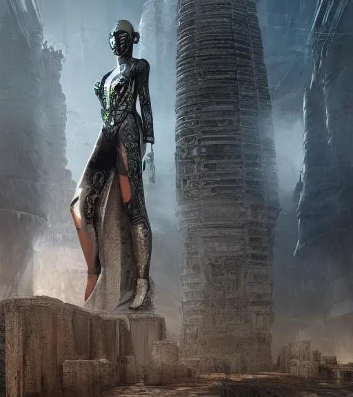 Image similar to tarkovsky greatest scene, the ancient destroyed majestic tower of babylon, woman in futuristic cyber clothing, transparent puffer jacket, hyper realistic, blockchain, cyber world, ambient lighting, concept art, intricate, hyper detailed, smooth, dynamic volumetric lighting, octane, ray trace, cinematic, high quality, high resolution, 4 k, cgsociety