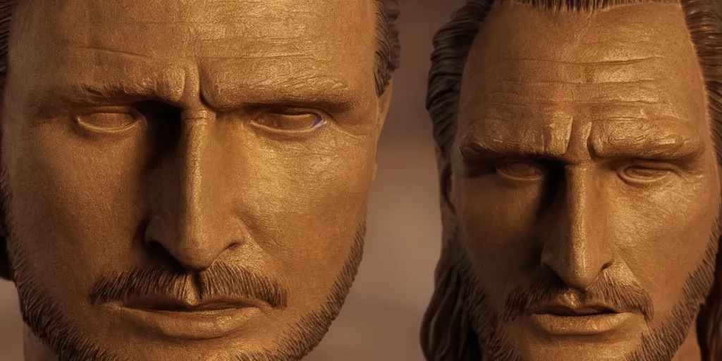 Image similar to golden head sculpture of qui - gon jinn liam neeson 4 k, movie still, uhd, sharp, detailed, cinematic, render, modern