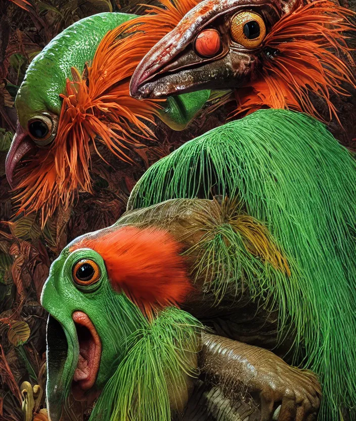 Prompt: a high resolution realistic displacement portrait of a orang oetan gills in a rainforest, muscles normal map creature made of fishlike class aves skin veins merged frog, bump map strangled by plastic wrap bower bird creature wrinkles pheasant, ivy complex feathers exotic morphing hoopoe, zebra morphing wings king vulture head