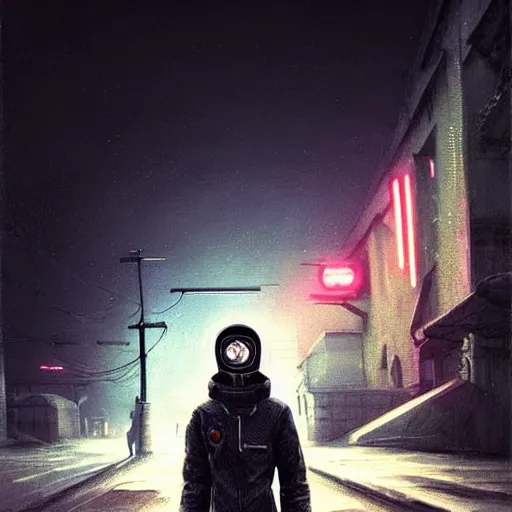 Image similar to A portrait of a cyberpunk teen gopnik on the street of a Soviet slum on the Moon, under a black sky, blinding lights, Neo Norilsk, sci-fi, fantasy, intricate, very very beautiful, elegant, highly detailed, digital painting, artstation, concept art, smooth, sharp focus, illustration, art by artgerm and greg rutkowski and alphonse mucha