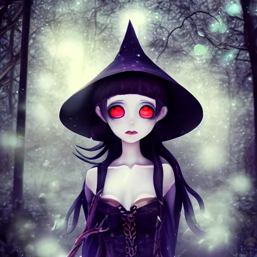 Image similar to portrait of beautiful darkness witch 3D anime girl, dark forest background, snowing, bokeh, inspired by Tim Burton, digital painting, unreal engine render, volumetric light, high détail