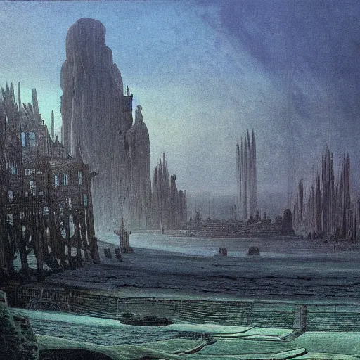 Image similar to Stunning and highly detailed painting of a submerged city by Caspar David Friedrich