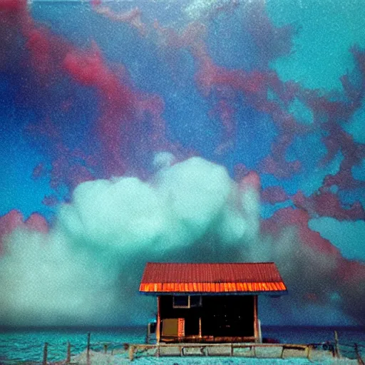 Image similar to film photography of a wooden space station in front of colourful underwater clouds by Kim Keever, low shutter speed, 35mm