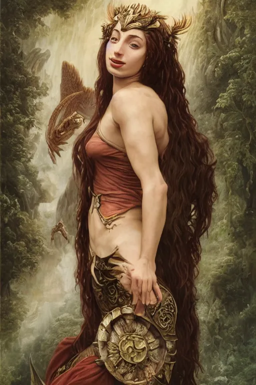 Image similar to A fantasy comic book style portrait painting of, hybrid, Oona Chaplin, Sophie Turner, as an Atlantean, Reptilian Warrior, Mystical Valkyrie, François Boucher, Oil Painting, unreal 5, DAZ, hyperrealistic, octane render, Regal, Refined, Detailed Digital Art, RPG portrait, Michael Cheval, William-Adolphe Bouguereau, Walt Disney (1937), Steampunk, dynamic lighting, Highly Detailed, Cinematic Lighting, Unreal Engine, 8k, HD