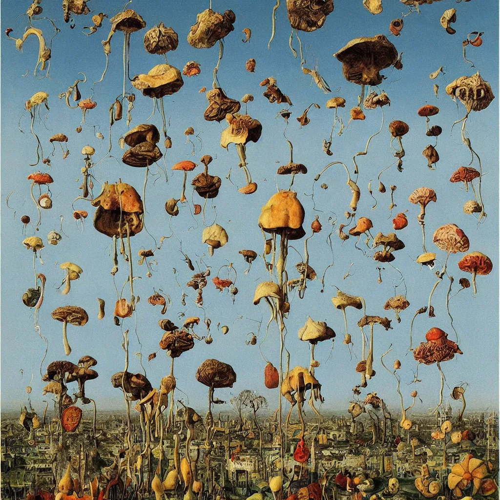 Prompt: a single colorful! ( sergio toppi ) fungus tower white! clear empty sky, a high contrast!! ultradetailed photorealistic painting by jan van eyck, audubon, rene magritte, agnes pelton, max ernst, walton ford, andreas achenbach, ernst haeckel, hard lighting, masterpiece