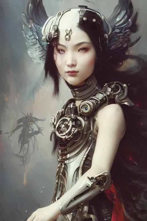 Image similar to Beautiful pale warhammer 40000 goth asian girl with mechanical wings and many wires, masterpiece 4k digital illustration by Ruan Jia and Mandy Jurgens and Artgerm and william-adolphe bouguereau, highly detailed, trending on artstation, award winning,