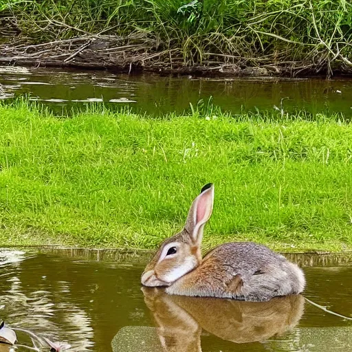 Prompt: high detailed photo of the river bank with a rabbit is relaxing near it and a duck floating by.