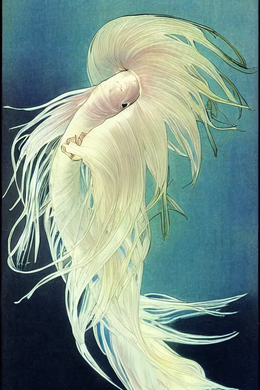 Prompt: a graceful iridescent white betta fish with long swirling fins, black-water-background, traditional Chinese painting, artstation, alphonse-mucha