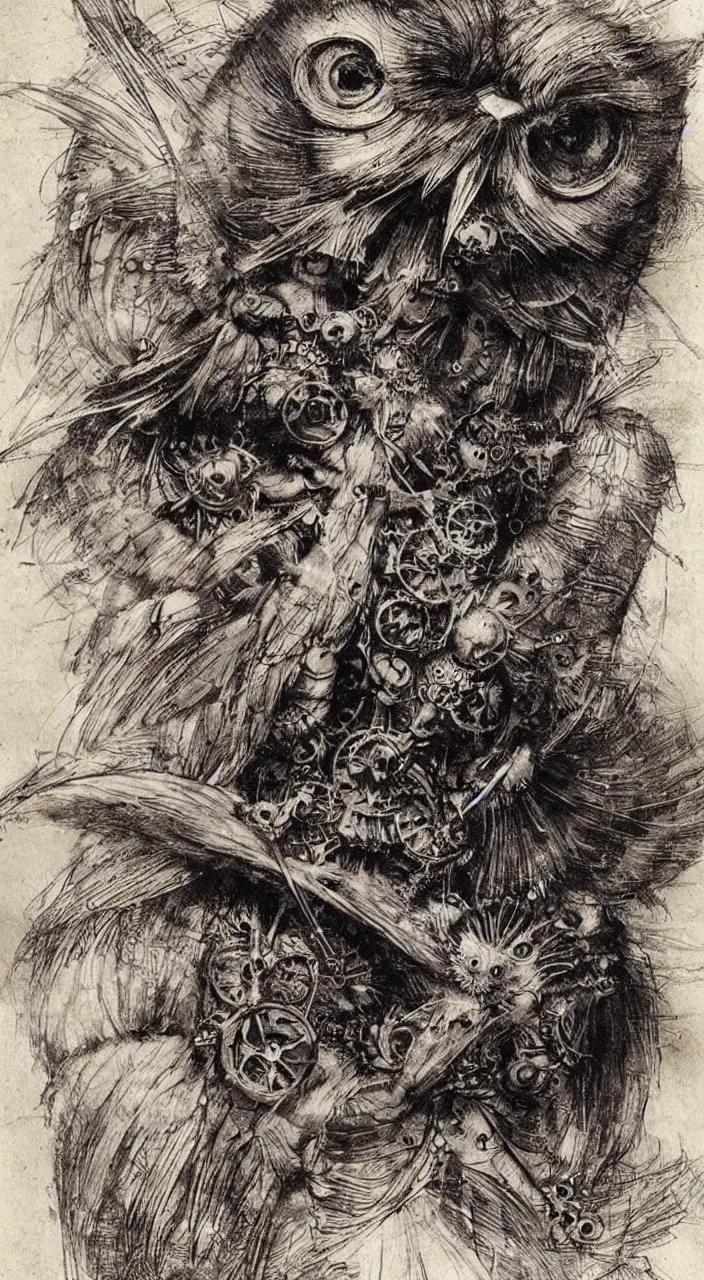 Prompt: Jean-Baptiste Monge and Alex Ross a artwork of leonardo da vinci sketches of steampunk owl