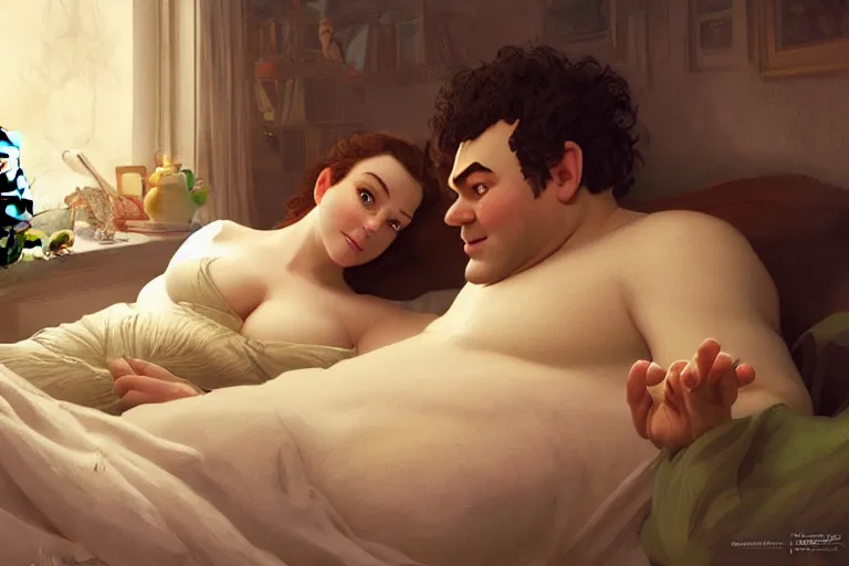 Image similar to russian poet alexander pushkin and shrek lying in bed together, portrait, highly detailed, digital painting, artstation, concept art, smooth, sharp focus, illustration, cinematic lighting, art by artgerm and greg rutkowski and alphonse mucha