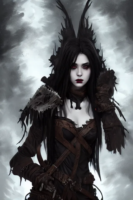 Image similar to dramatic atmospheric dark forest scenery, girl with vampire-fangs in hide leather armor, hyperdetailed, artstation, cgsociety, 8k