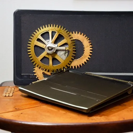 Prompt: 1950s portable laptop prototype, steam punk style with large gears with wood, on top of a glass table, next to a plant