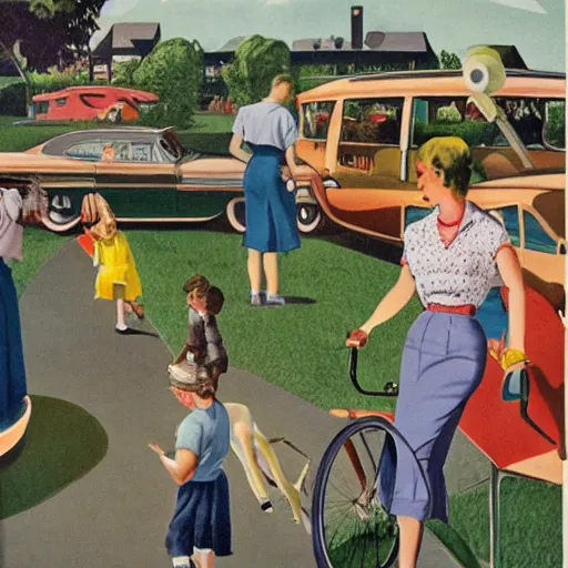 Prompt: 1 9 5 0 s suburbia by neo rauch