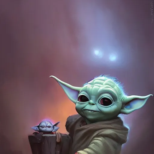Prompt: A cute baby yoda smiling whilst holding his cute pet, art by Andreas Rocha and greg rutkowski, highly detailed, digital painting, matte painting, concept art, illustration, warm lighting, trending on artstation, very detailed