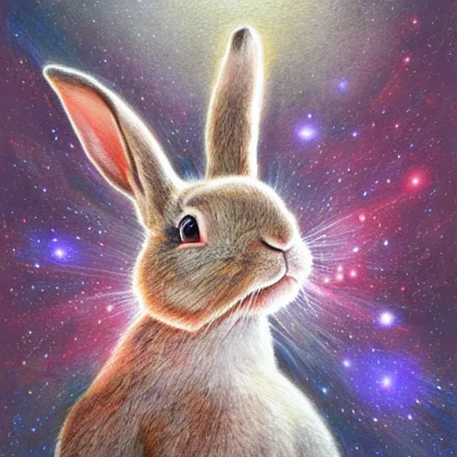 Image similar to rabbit face only, nebula space background, pencil drawing, pastel, by marc simonetti, art station, soft light