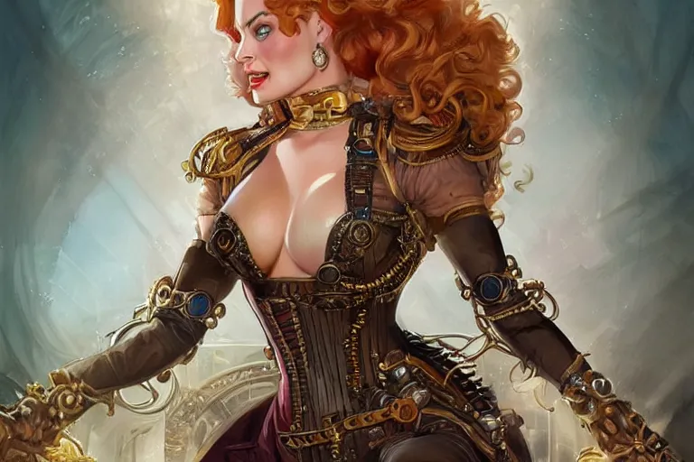 Image similar to three-quarters pose portrait of Margot Robbie as a beautiful Lady Mechanika, very beautiful young woman, ginger wavy hair, Victorian-era push-up underwire. Intricate, steampunk imagery themed, D&D!, fantasy style, sharp focus!, ultra detailed, art by Artgerm and Peter Andrew Jones