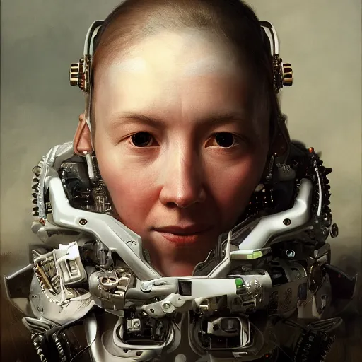 Image similar to Ultra detailed, 4K Portrait of a Cyborg by Rachel Ruysch