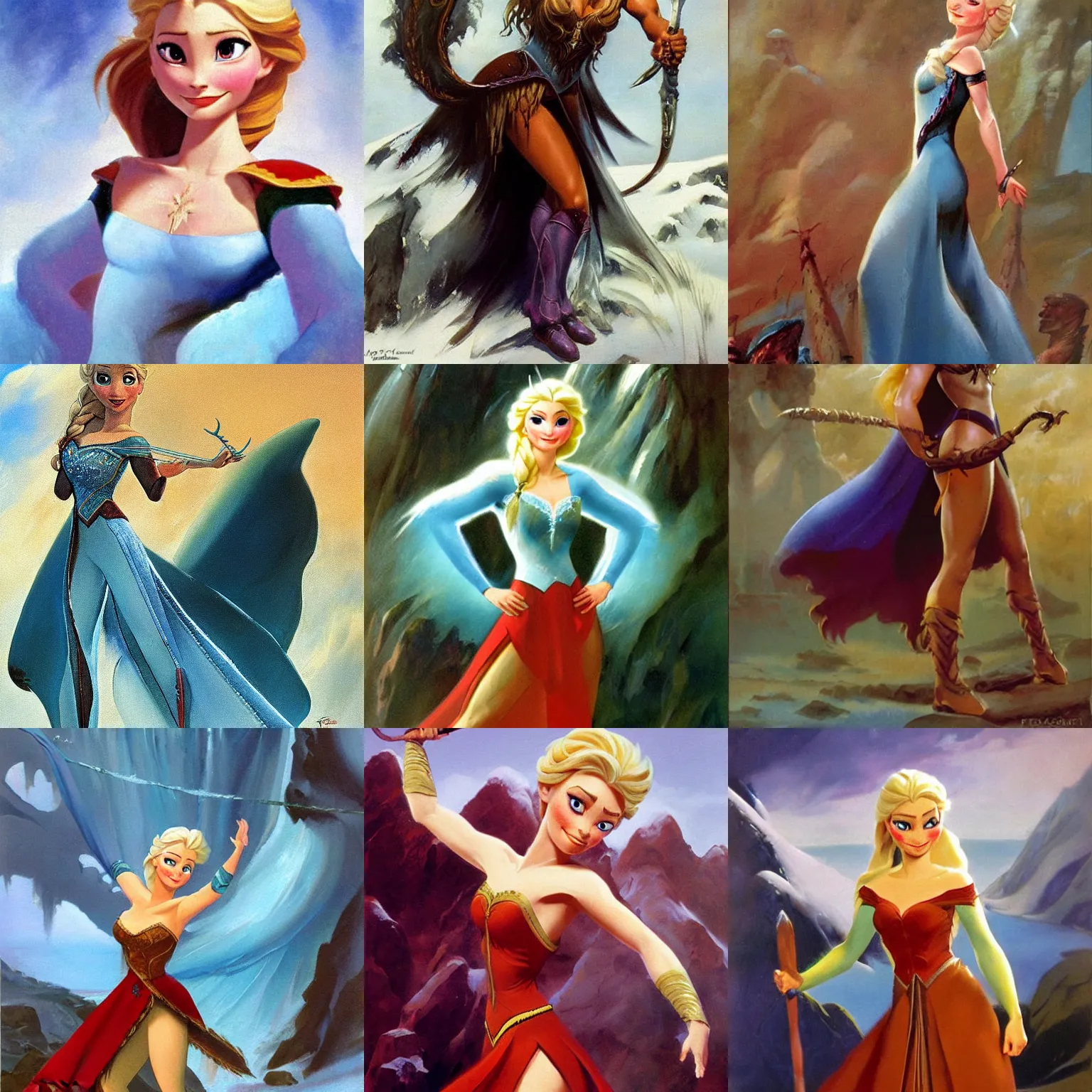 Prompt: Elsa from Frozen as warrior princess, oil painting by Frank Frazetta, Boris Vallejo