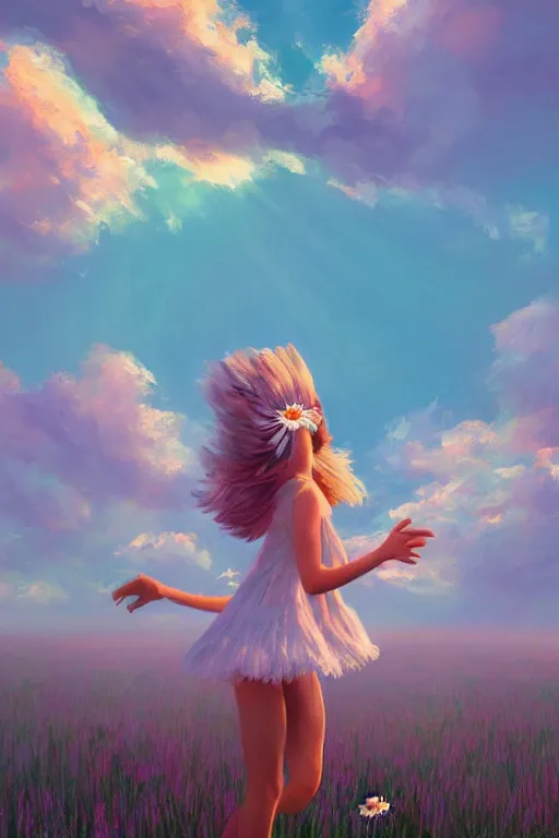 Image similar to giant white daisies flower as head, girl dancing in a flower field, surreal photography, sunrise, dramatic light, impressionist painting, colorful clouds, digital painting, artstation, simon stalenhag